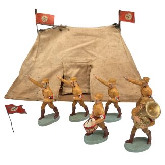 Original 1920s/1930s German Elastolin SA Sturmabteilung toy figures with tent, flags, drummer and musician, marked Elastolin underneath.