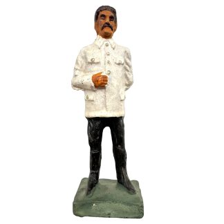 Original 1930s Belgian Durso Joseph Stalin composition toy figure with white uniform jacket and marked DURSO base for collectors.