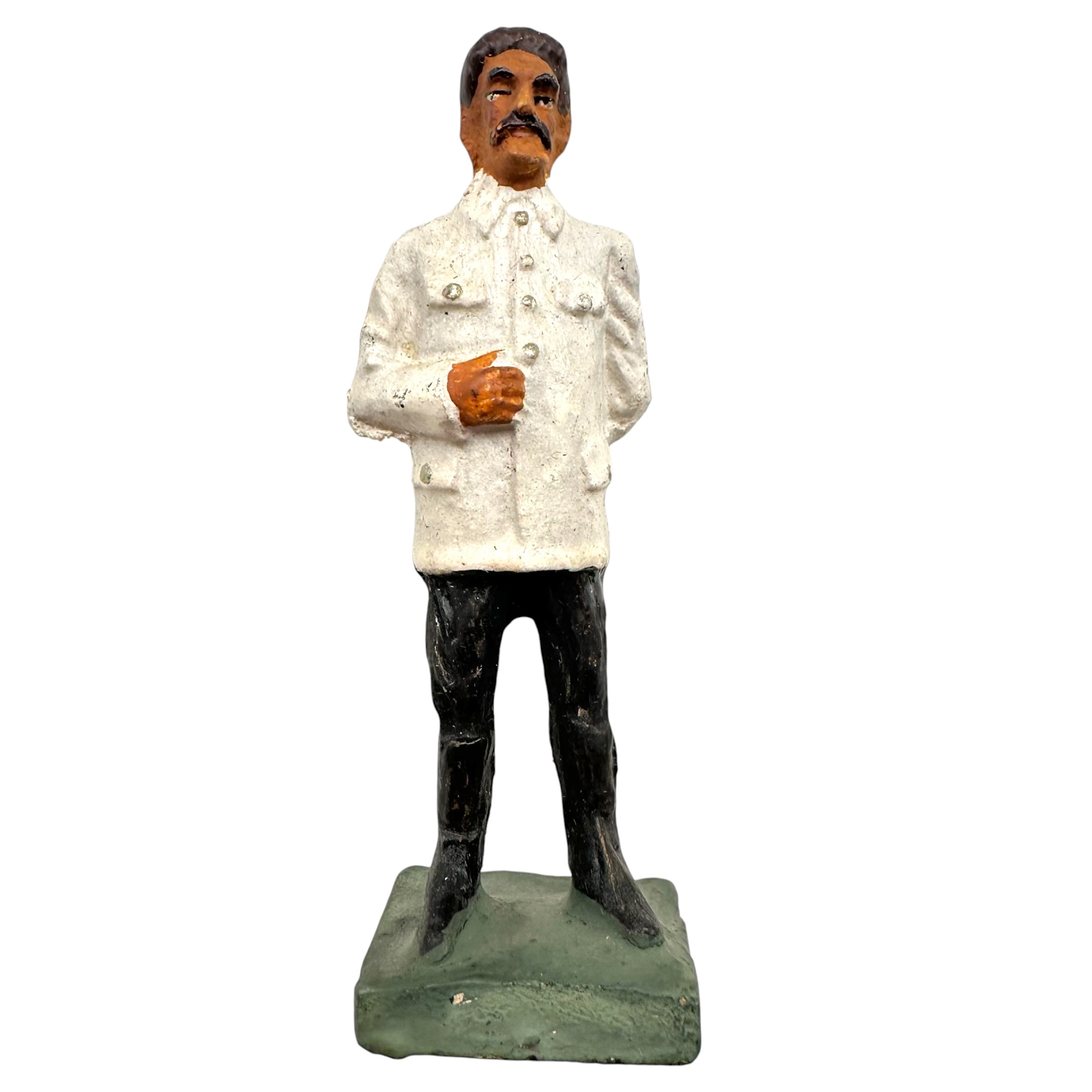 Original 1930s Belgian Durso Joseph Stalin composition toy figure with white uniform jacket and marked DURSO base for collectors.