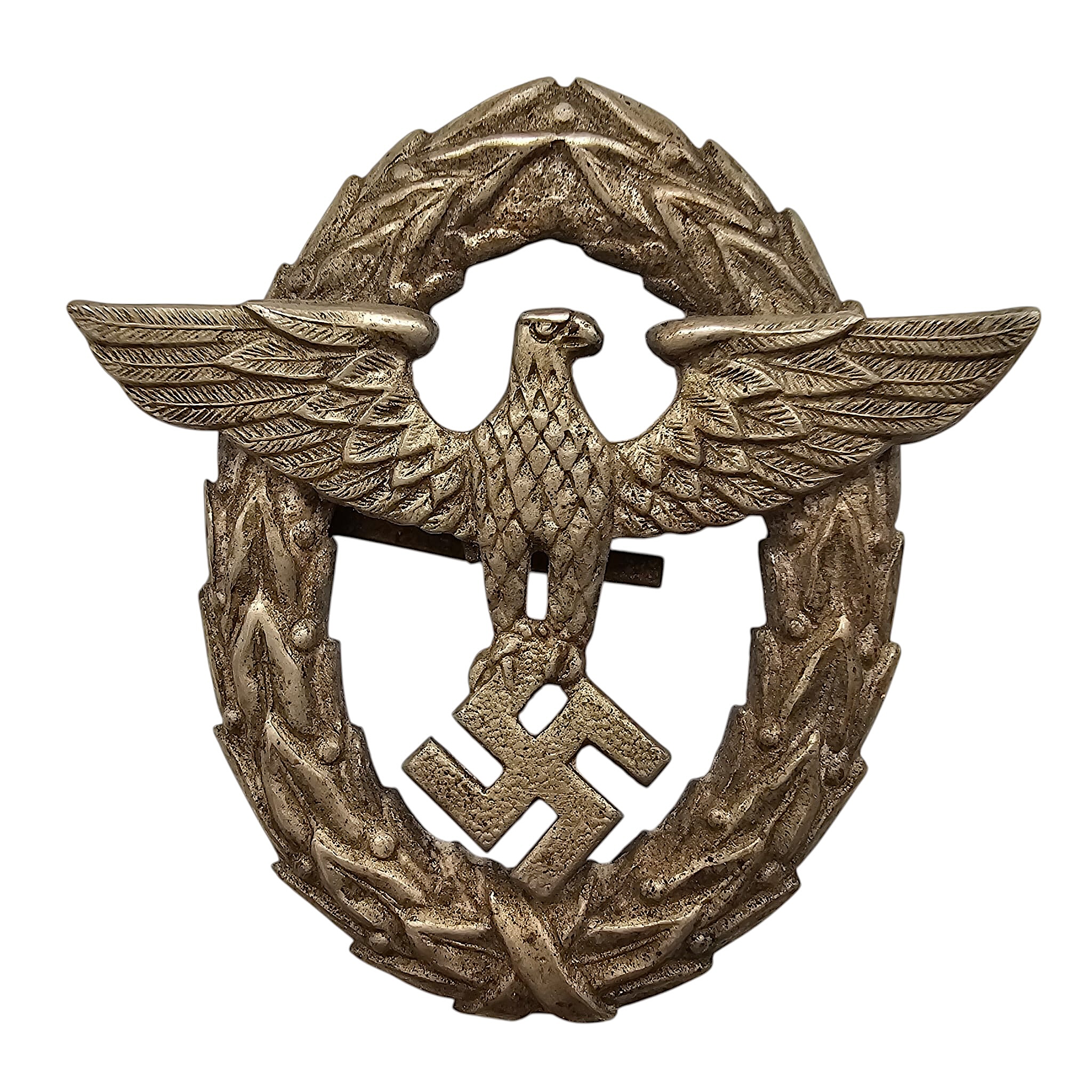 Original German Polizei Schirmmütze visor cap eagle 1st pattern 1934-1936 with eagle swastika oak-leaf wreath and attachment prongs.