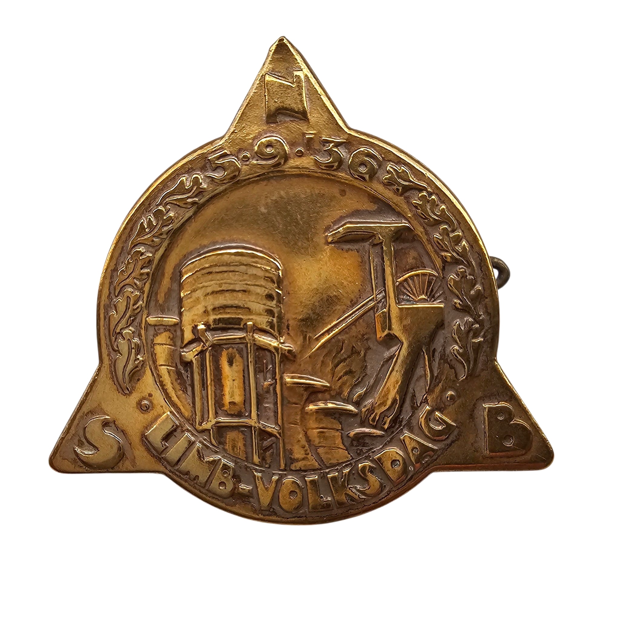 Originele Nederlandse NSB Limburgse Volksdag speld 5 september 1935 met mijnbouwsymboliek Limburg vooroorlogs politiek verzamelobject.