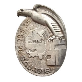 Original German 1936 Koblenz-Trier Gau-Tag tinnie badge with eagle and regional map, Third Reich political collectors badge.