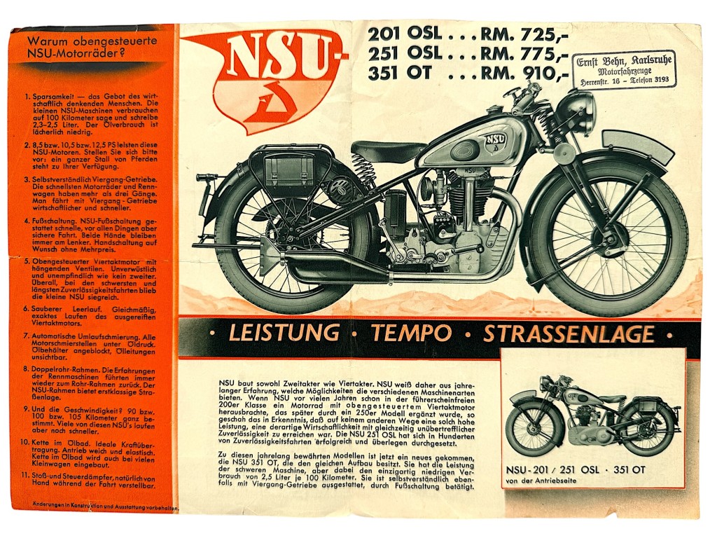 Original 1937 German NSU Motorcycle Sales Brochure 201 OSL 251 OSL 351 OT