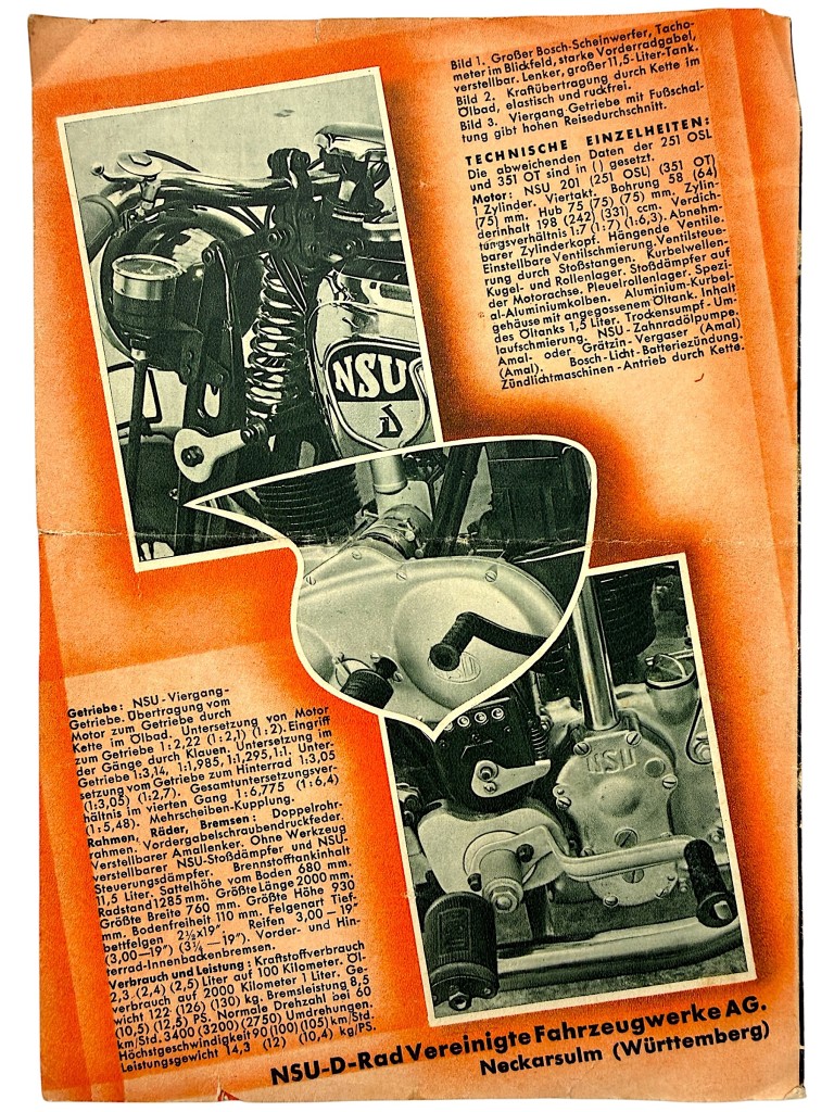 Original 1937 German NSU Motorcycle Sales Brochure 201 OSL 251 OSL 351 OT