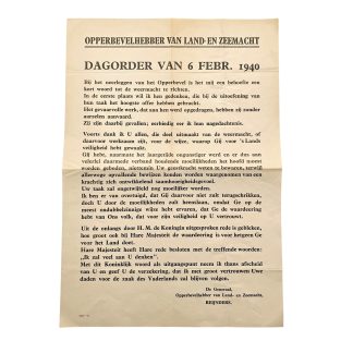 Originele Nederlandse leger poster 1940 Dagorder 6 februari generaal Reijnders Opperbevelhebber Land- en Zeemacht mobilisatie WOII.