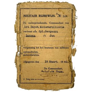 Origineel Nederlands leger militair rijbewijs 1940 sergeant Jan Lamsma Depot Motorartillerie mobilisatie Tweede Wereldoorlog WOII.