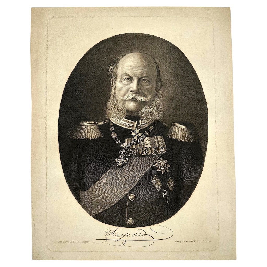 Original 19th-century German steel engraving of Prinz Carl von Preussen in Prussian gala uniform by C. F. Merkel Leipzig, circa 50 x 40 cm.