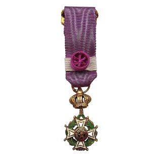 Original Belgian Order of Leopold Officer miniature medal with purple ribbon rosette enamel cross and Belgian lion Kingdom of Belgium.