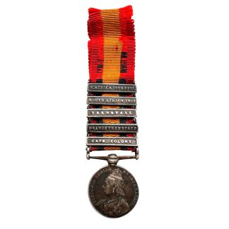 Original British Queen's South Africa Medal miniature with five clasps Cape Colony Orange Free State Transvaal Second Boer War 1899-1902.