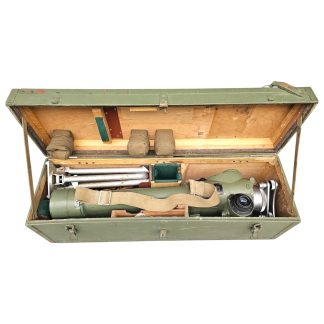 Original Cold War DDR NVA Soviet military periscope with tripod, wooden transport case and military optical observation equipment.