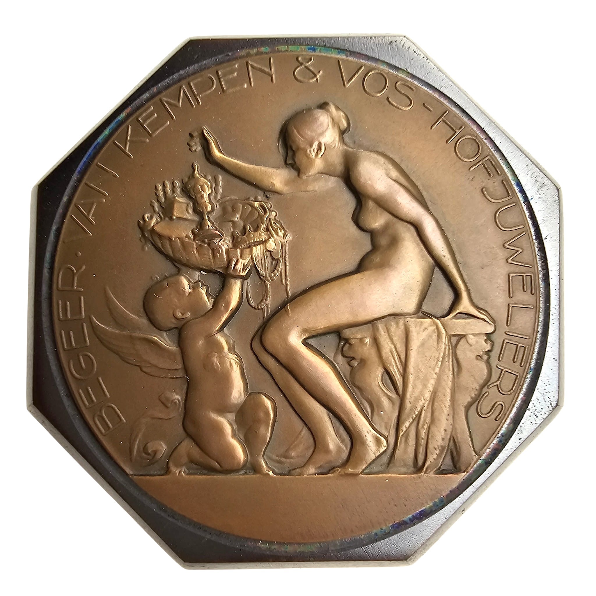 Originele Nederlandse Koninklijke Begeer Voorschoten presse-papier met bronzen penning in originele doos medailles speldjes.