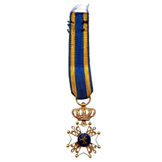 Originele Nederlandse miniatuur Ridderkruis Orde van de Nederlandse Leeuw met kroon, emaille kruis en lint, Nederlandse ridderorde ingesteld in 1815.