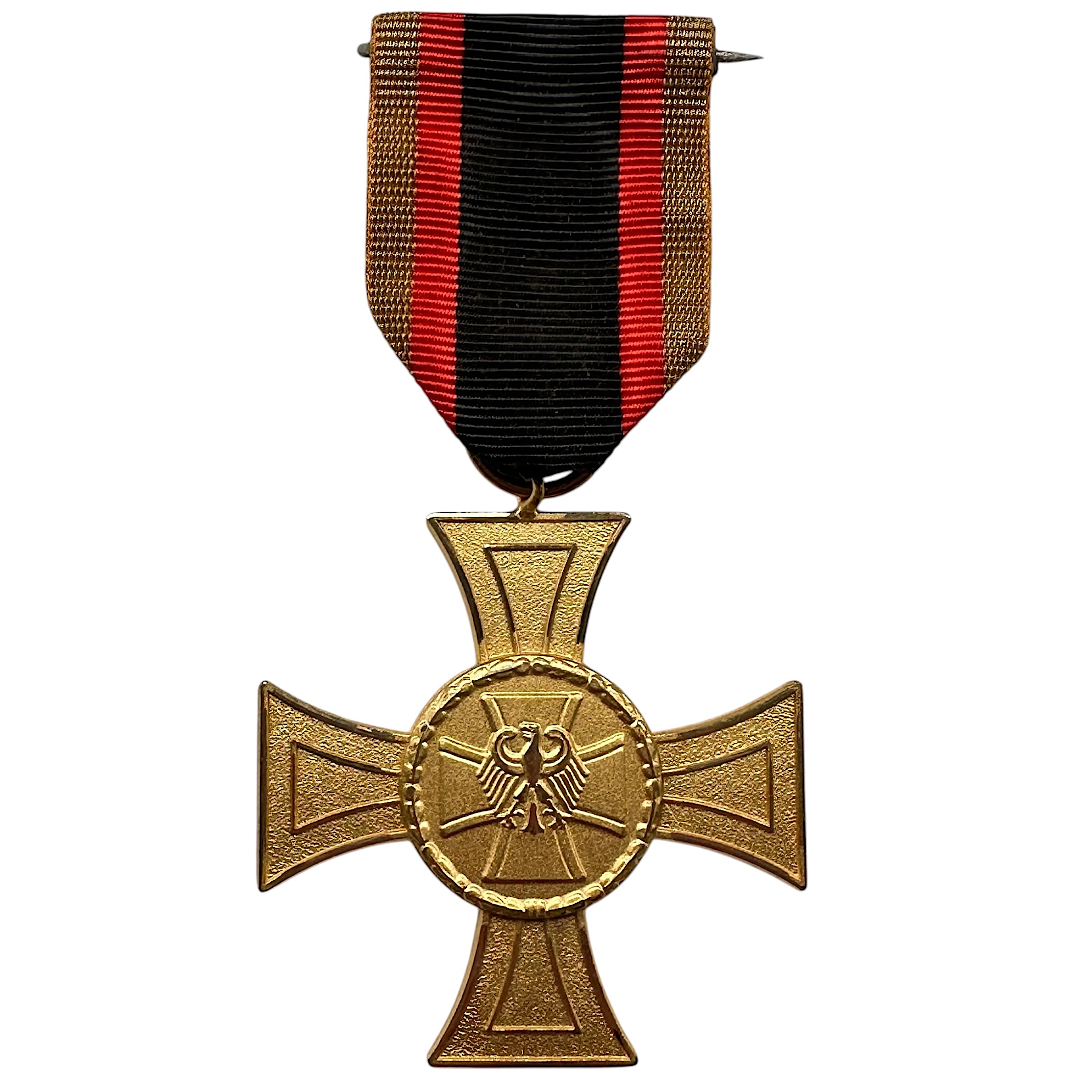 Original German Bundeswehr Ehrenkreuz in Gold medal with Bundesadler and black red gold ribbon German military decoration.