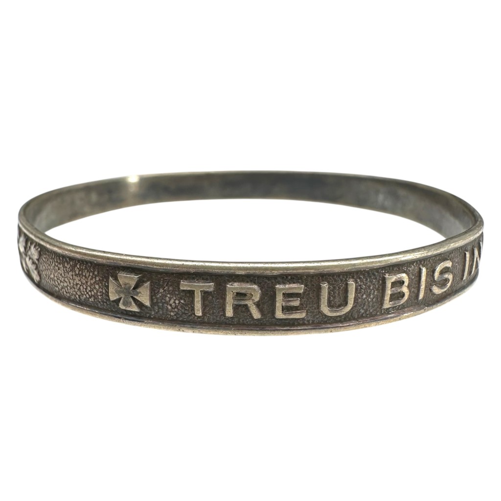 Original German WW1 'Treu bis in den Tod 1914' Patriotic Bracelet with Iron Cross and KJAG Mark