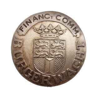 Originele Pre 1940 Rotterdamse Burgerwacht speld 'Financ. Comm.' met gekroond stadswapen van Rotterdam uit de Nederlandse mobilisatieperiode.
