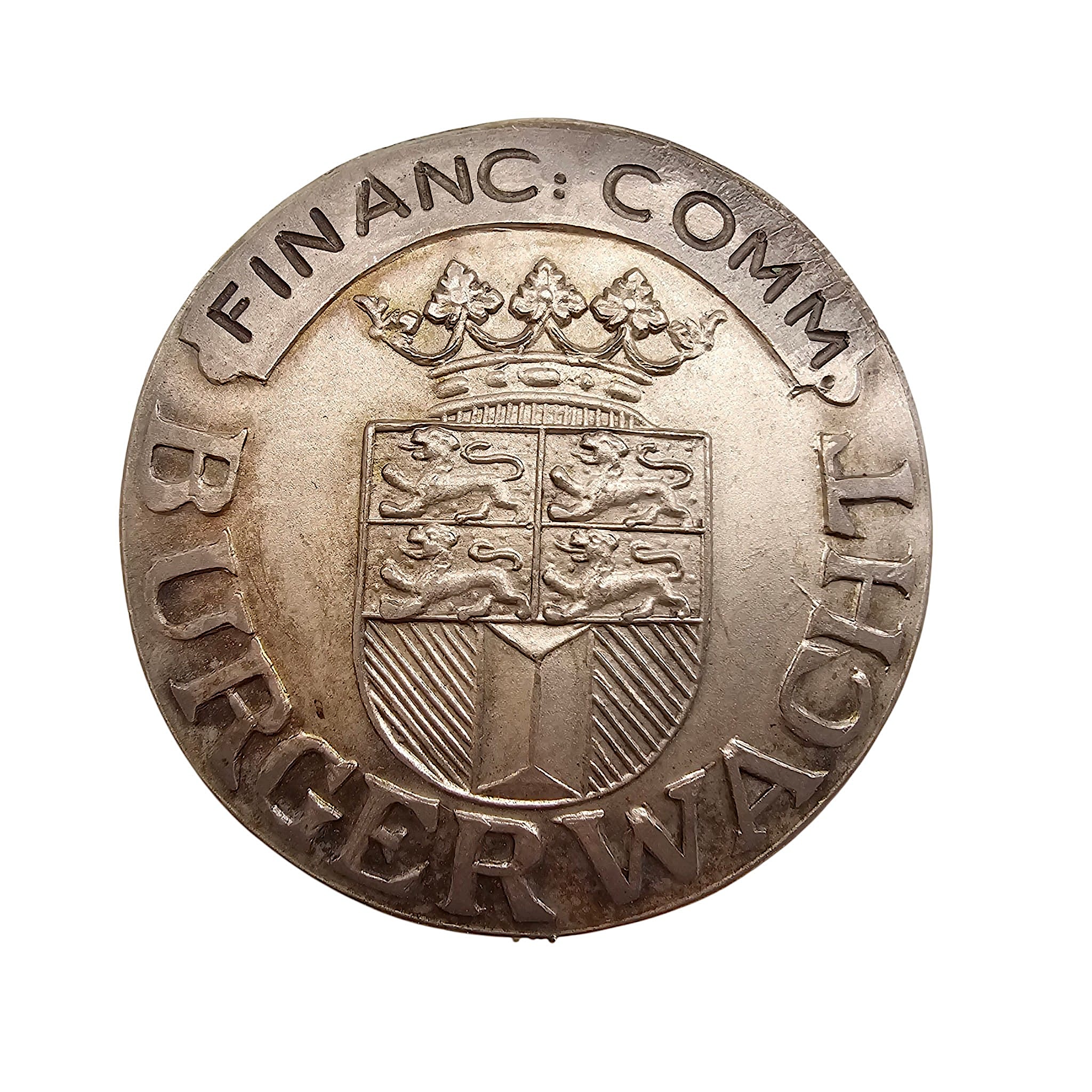 Originele Pre 1940 Rotterdamse Burgerwacht speld 'Financ. Comm.' met gekroond stadswapen van Rotterdam uit de Nederlandse mobilisatieperiode.