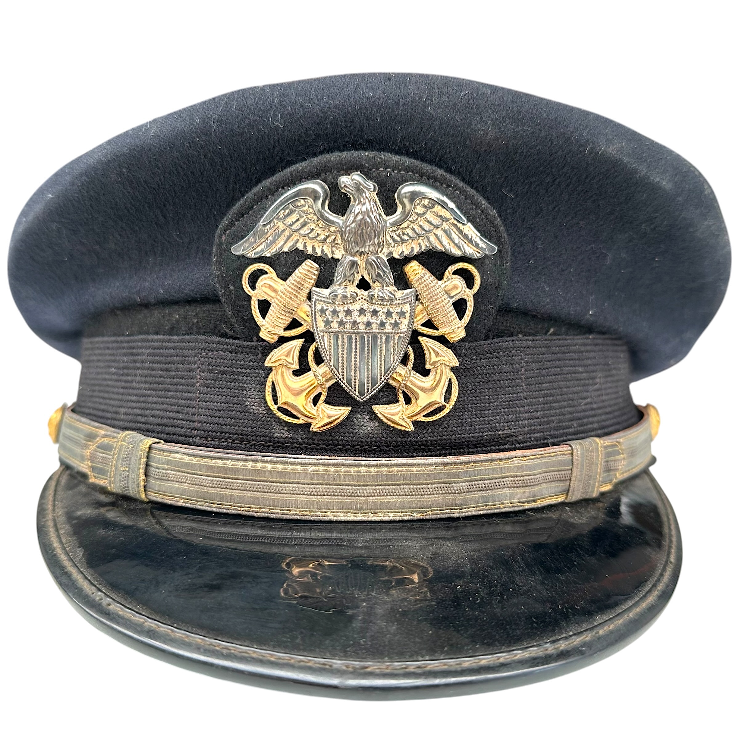 Original US Navy officer visor cap circa 1941-1963 I. Goldberg Philadelphia eagle crossed anchors American naval military headgear