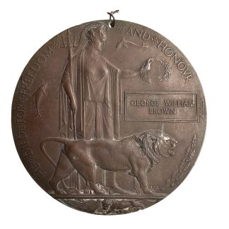 Original British WWI Memorial Plaque Death Penny George William Brown bronze First World War commemorative plaque for fallen serviceman.