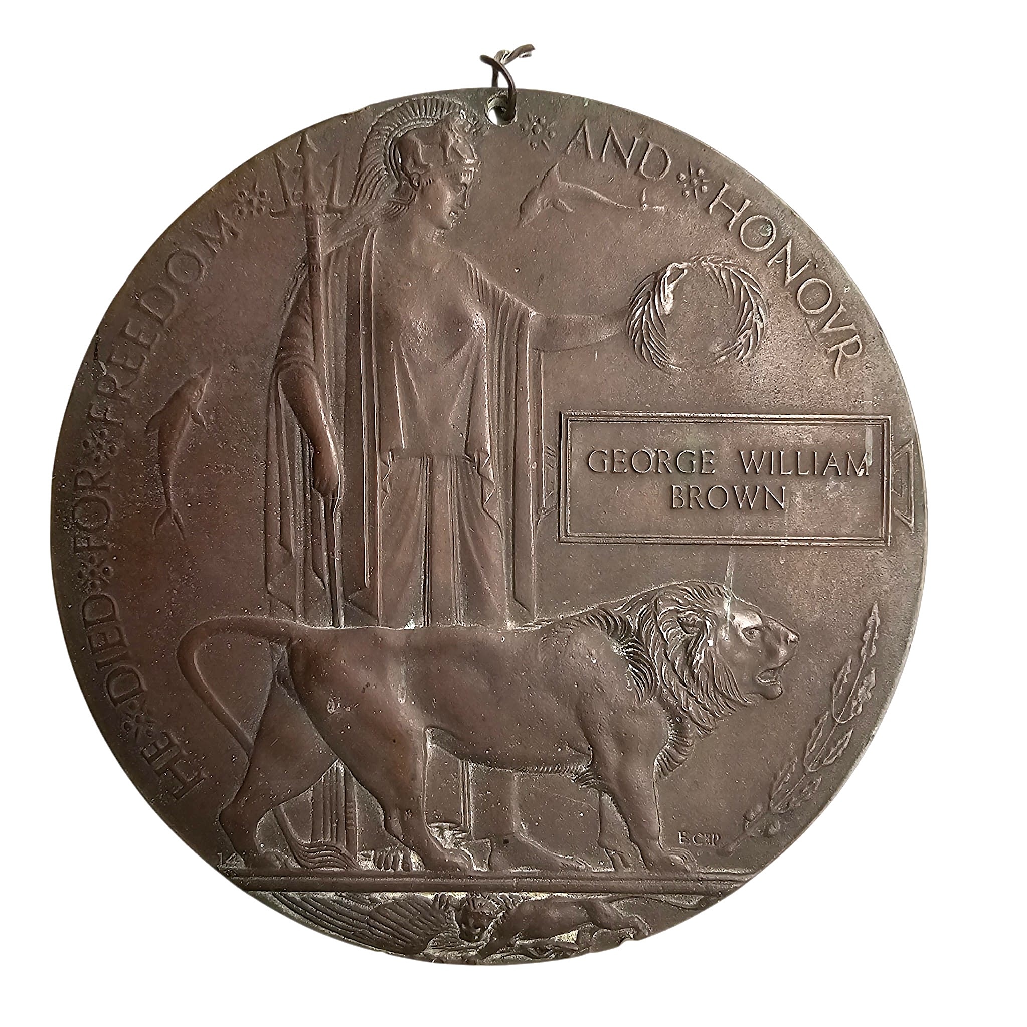 Original British WWI Memorial Plaque Death Penny George William Brown bronze First World War commemorative plaque for fallen serviceman.