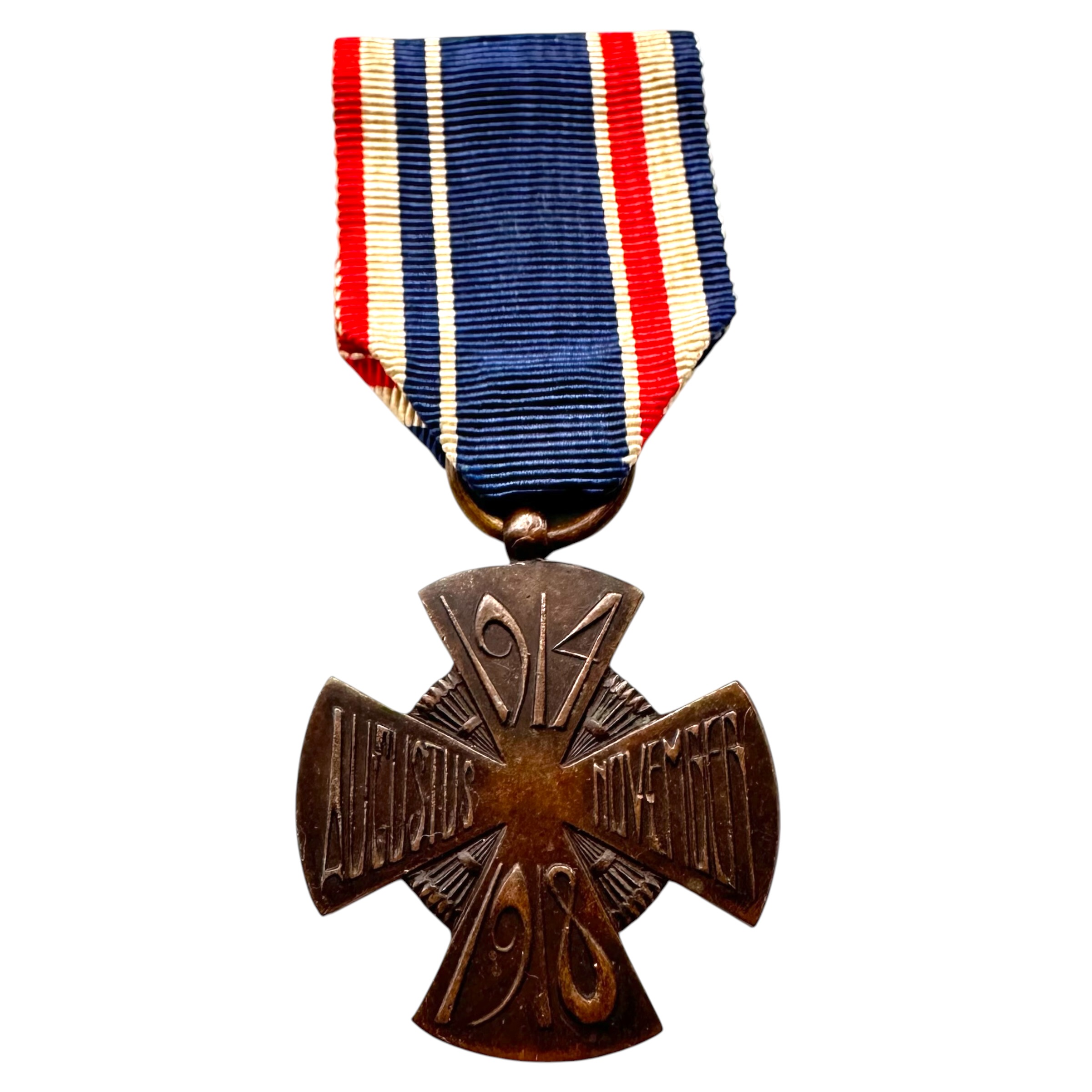 Origineel Nederlands Mobilisatiekruis 1914-1918 uit 1924 met rood-wit-blauw lint, bronzen Nederlandse Eerste Wereldoorlog onderscheiding