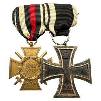 Original WWI German 2-medal bar with Iron Cross 2nd Class 1914 and Hindenburg Cross for Frontkämpfer with original ribbons