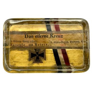 Original WWI German glass paperweight Das eiserne Kreuz Iron Cross 1914 Imperial ribbon First World War German militaria collectible.