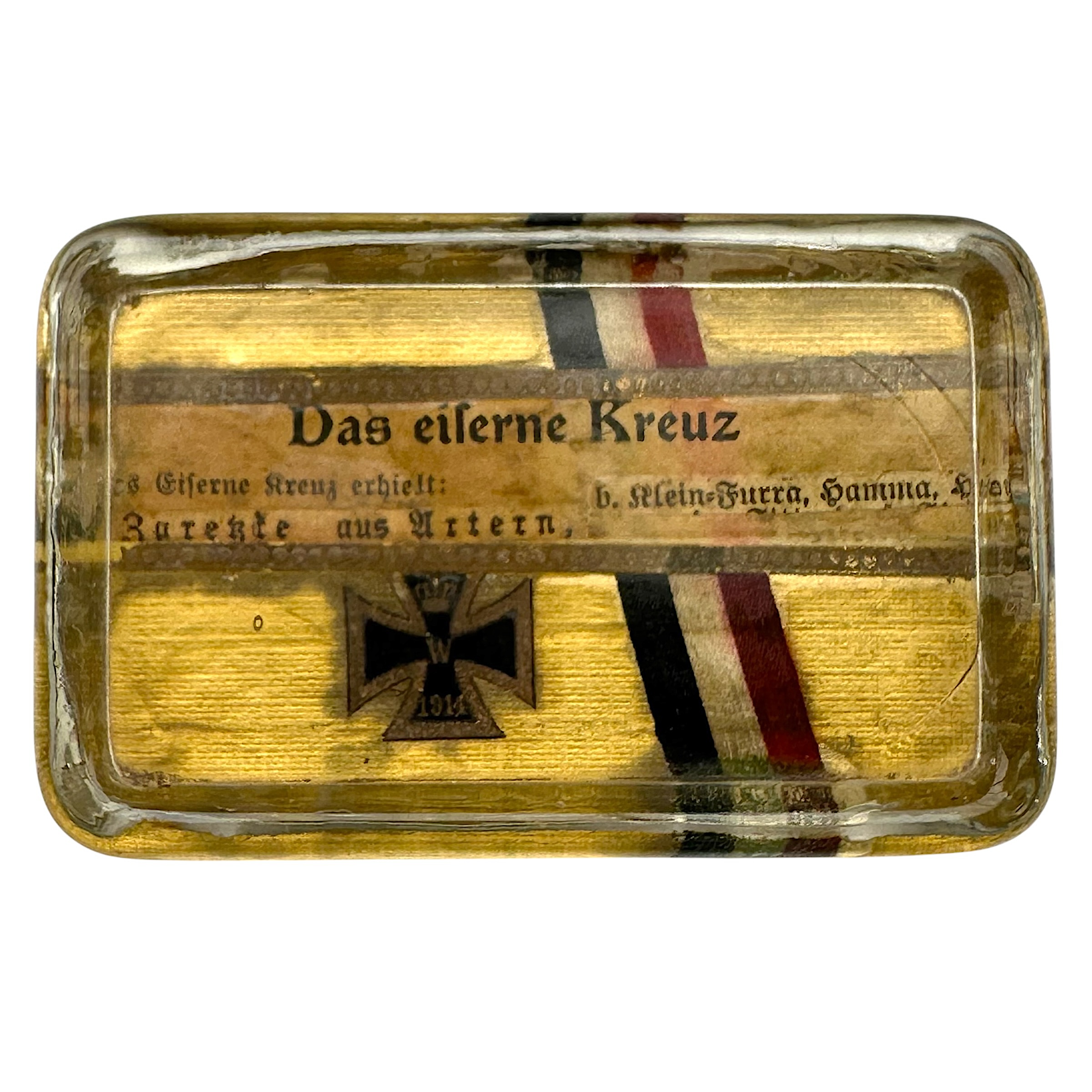 Original WWI German glass paperweight Das eiserne Kreuz Iron Cross 1914 Imperial ribbon First World War German militaria collectible.