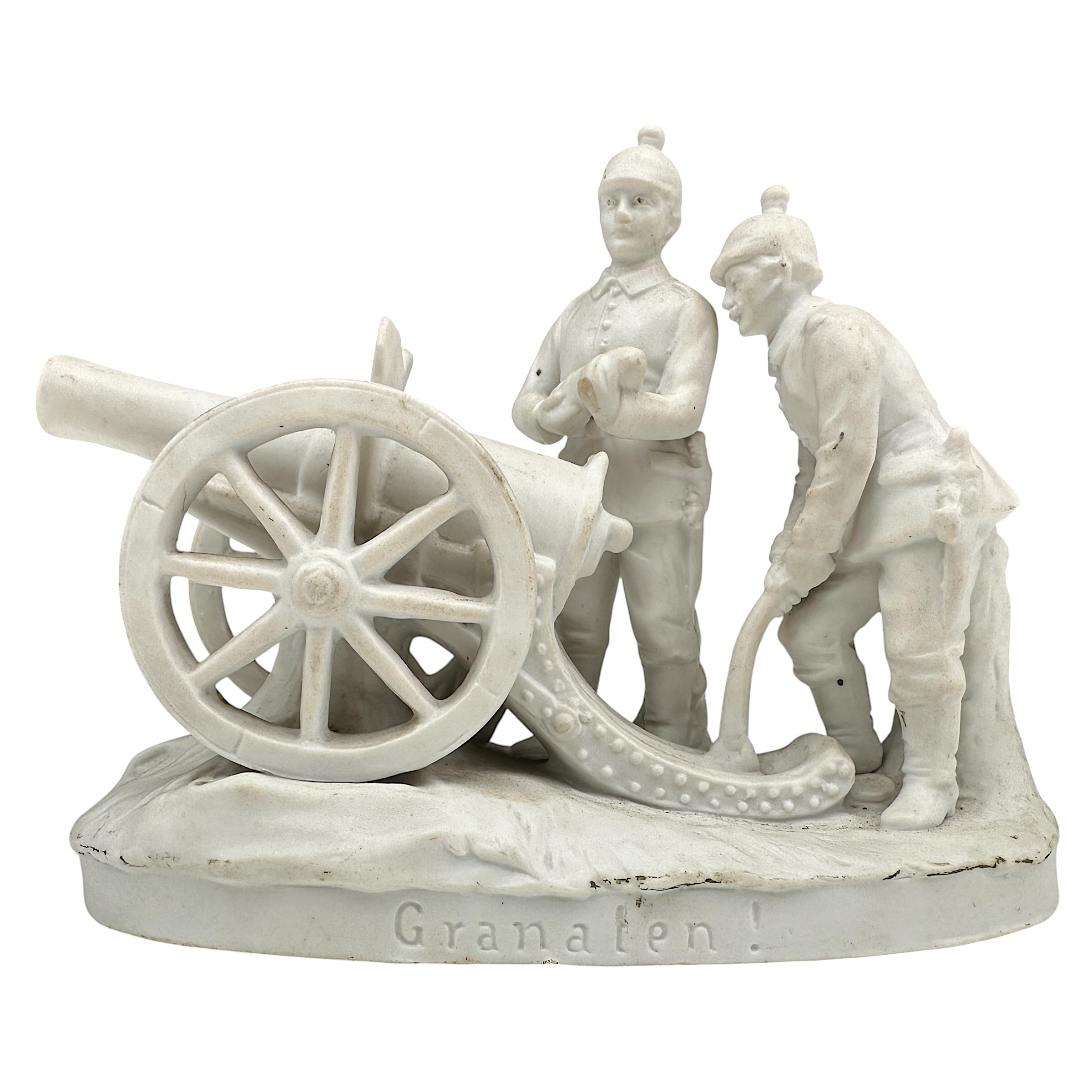 Original WWI German Army artillery porcelain figurine 'Granaten!' with two German soldiers and field gun First World War.