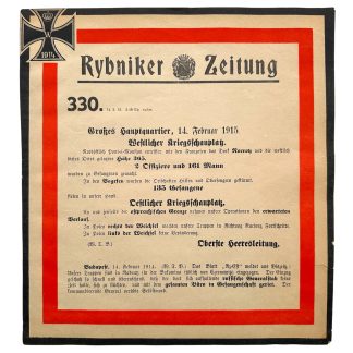 Original WWI German Rybniker Zeitung army poster No. 330 dated 14 February 1915 First World War military bulletin Western Eastern Front Iron Cross.