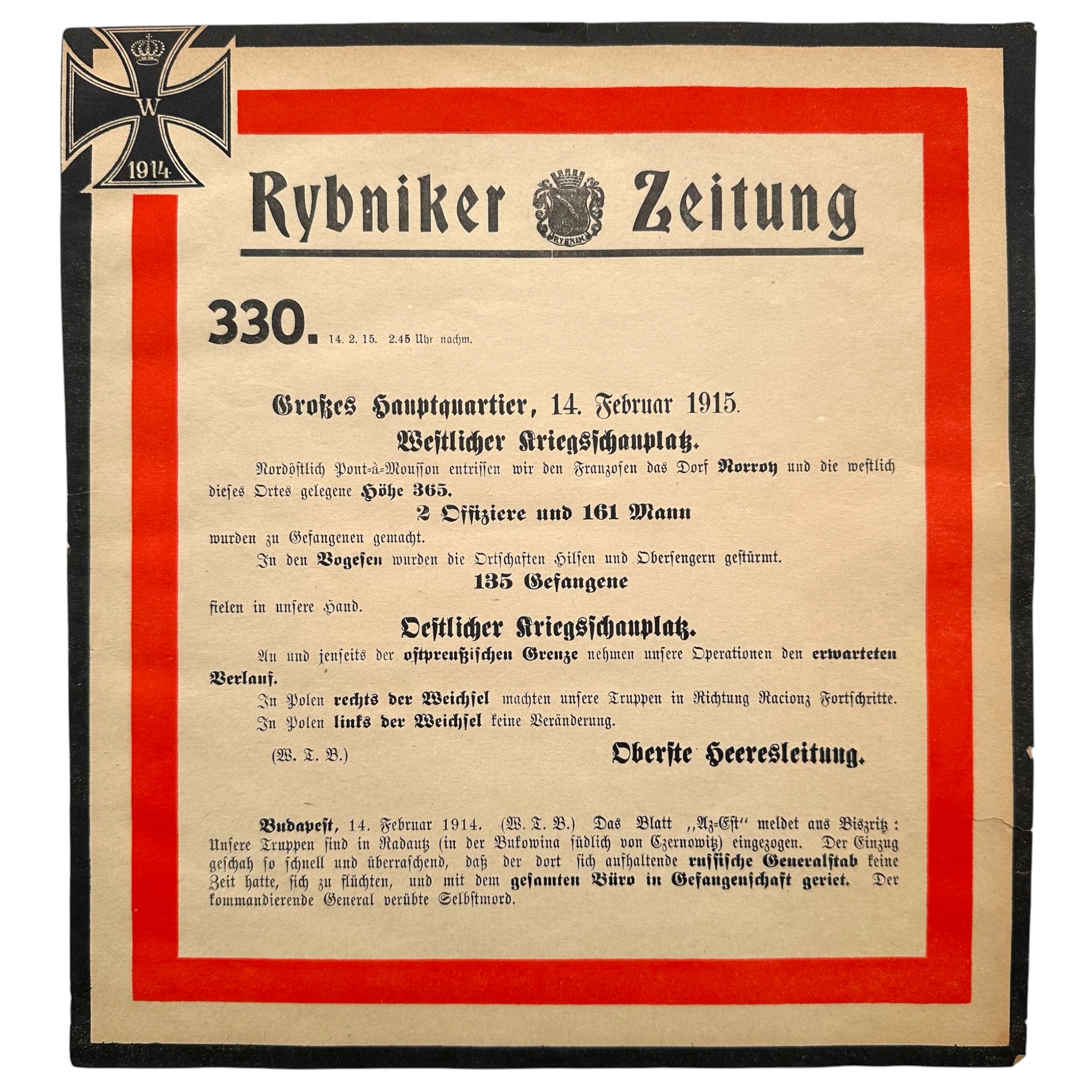 Original WWI German Rybniker Zeitung army poster No. 330 dated 14 February 1915 First World War military bulletin Western Eastern Front Iron Cross.