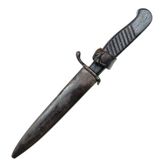 Original WWI German Nahkampfmesser trench knife with wooden grip, steel blade, metal scabbard and leather carrying loop from the First World War.