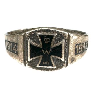 Originele WW1 Duitse 800 zilveren ring met IJzeren Kruis, Pruisische kroon, Wilhelm W en jaartallen 1914 en 1916 voor militaria verzamelaars.