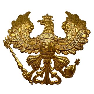 Original WWI Prussian officer Pickelhaube Wappen helmet plate with crowned eagle, FR monogram and Prussian motto.