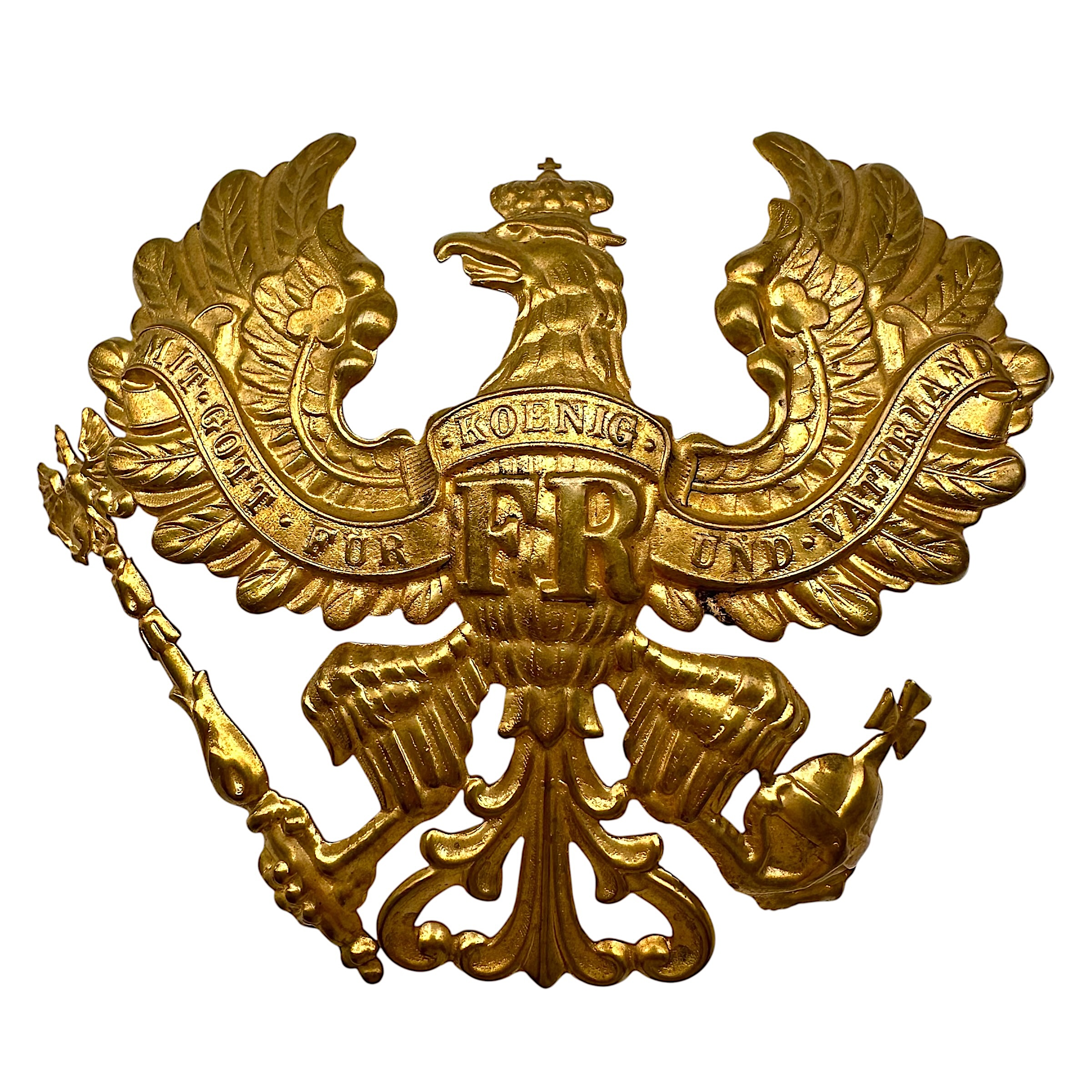 Original WWI Prussian officer Pickelhaube Wappen helmet plate with crowned eagle, FR monogram and Prussian motto.