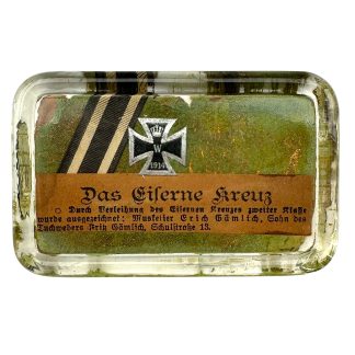 Original WWI German glass paperweight Iron Cross 1914 Musketeer Erich Gämlich Eisernes Kreuz Second Class German military memorabilia.