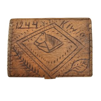Original WWII 1944 Trench Art Wooden Cigarette Box with Carved Decoration