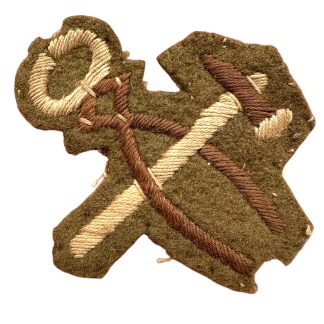 Original WWII British Army Artificer 'Tiffy' sleeve trade badge with embroidered crossed hammer and pincers on khaki wool.