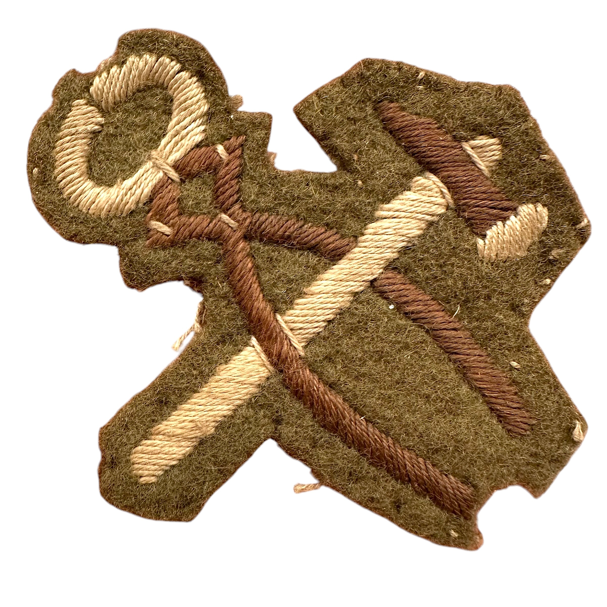 Original WWII British Army Artificer 'Tiffy' sleeve trade badge with embroidered crossed hammer and pincers on khaki wool.