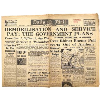 Original WWII British Daily Mail newspaper 22 September 1944 Operation Market Garden with Nijmegen Victory, Arnhem airborne fighting and Holland map.