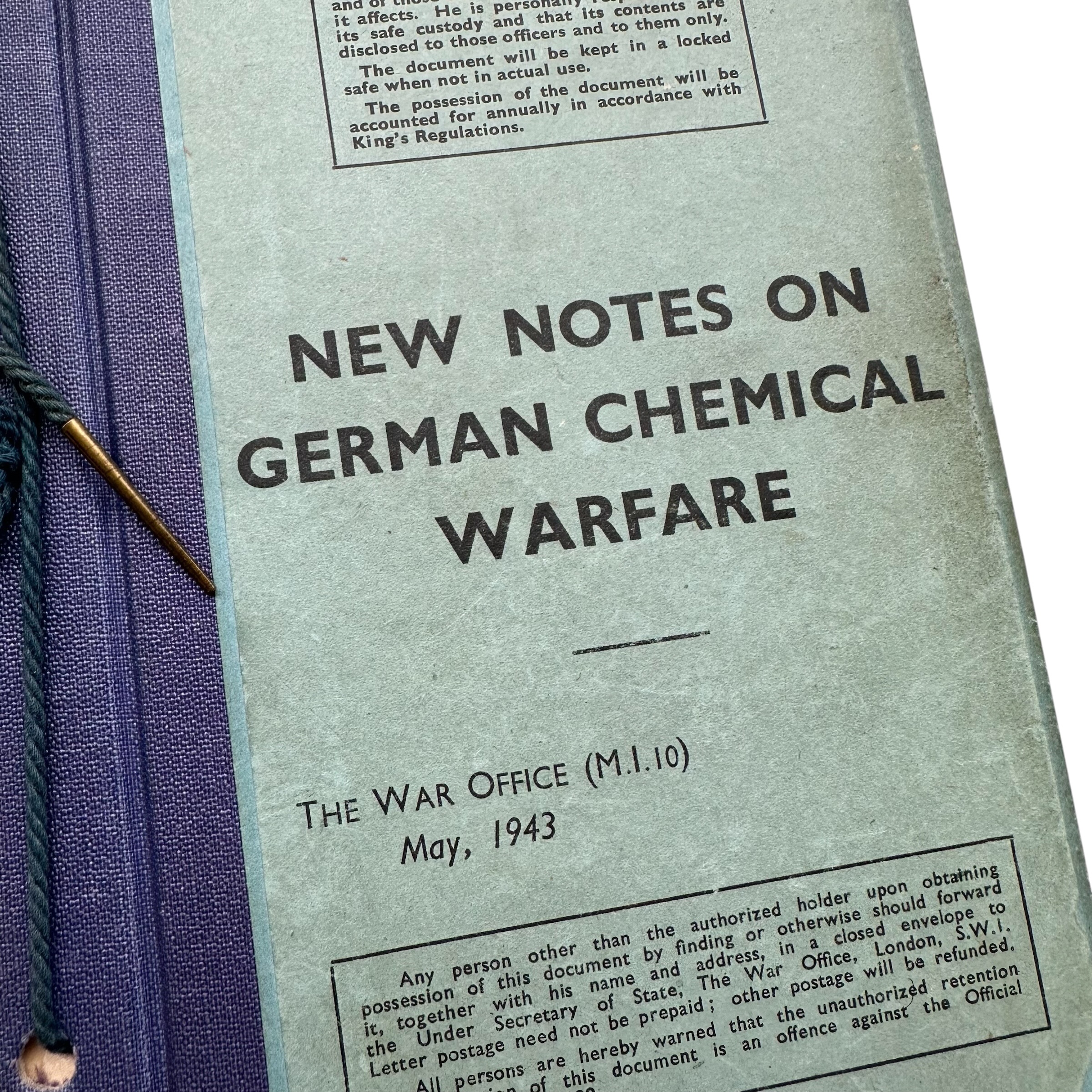 Original WWII British Secret MI10 Intelligence Book 'New Notes on German Chemical Warfare' – War Office 1943