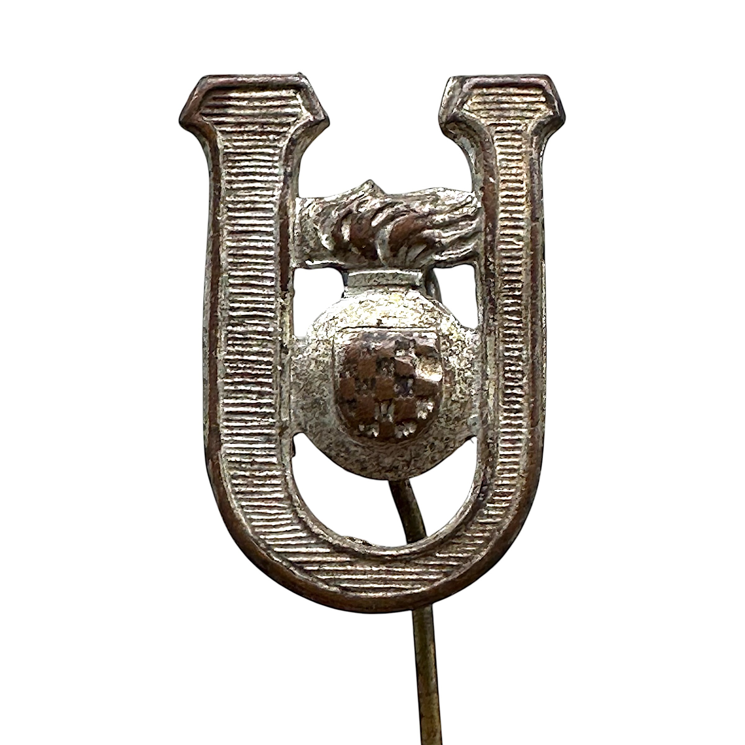 Original WWII Croatian Ustaša collaboration stickpin with U insignia and Croatian chequerboard coat of arms from Independent State of Croatia