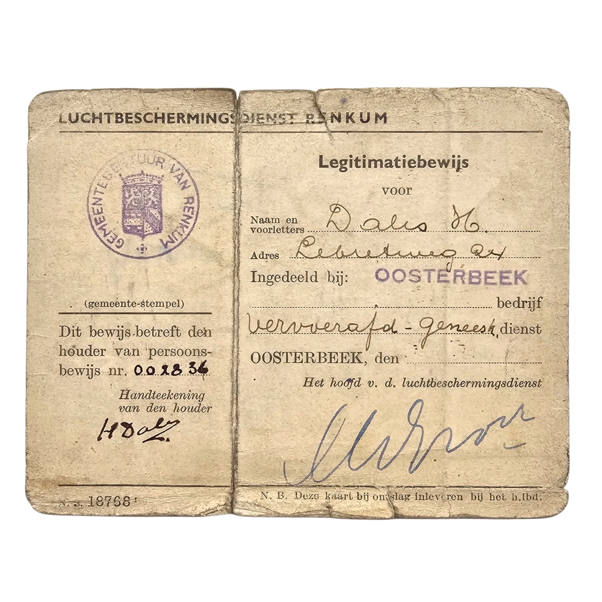 Origineel WWII Nederlands legitimatiebewijs Luchtbeschermingsdienst Renkum Oosterbeek geneeskundige dienst vervoerafdeling Tweede Wereldoorlog.