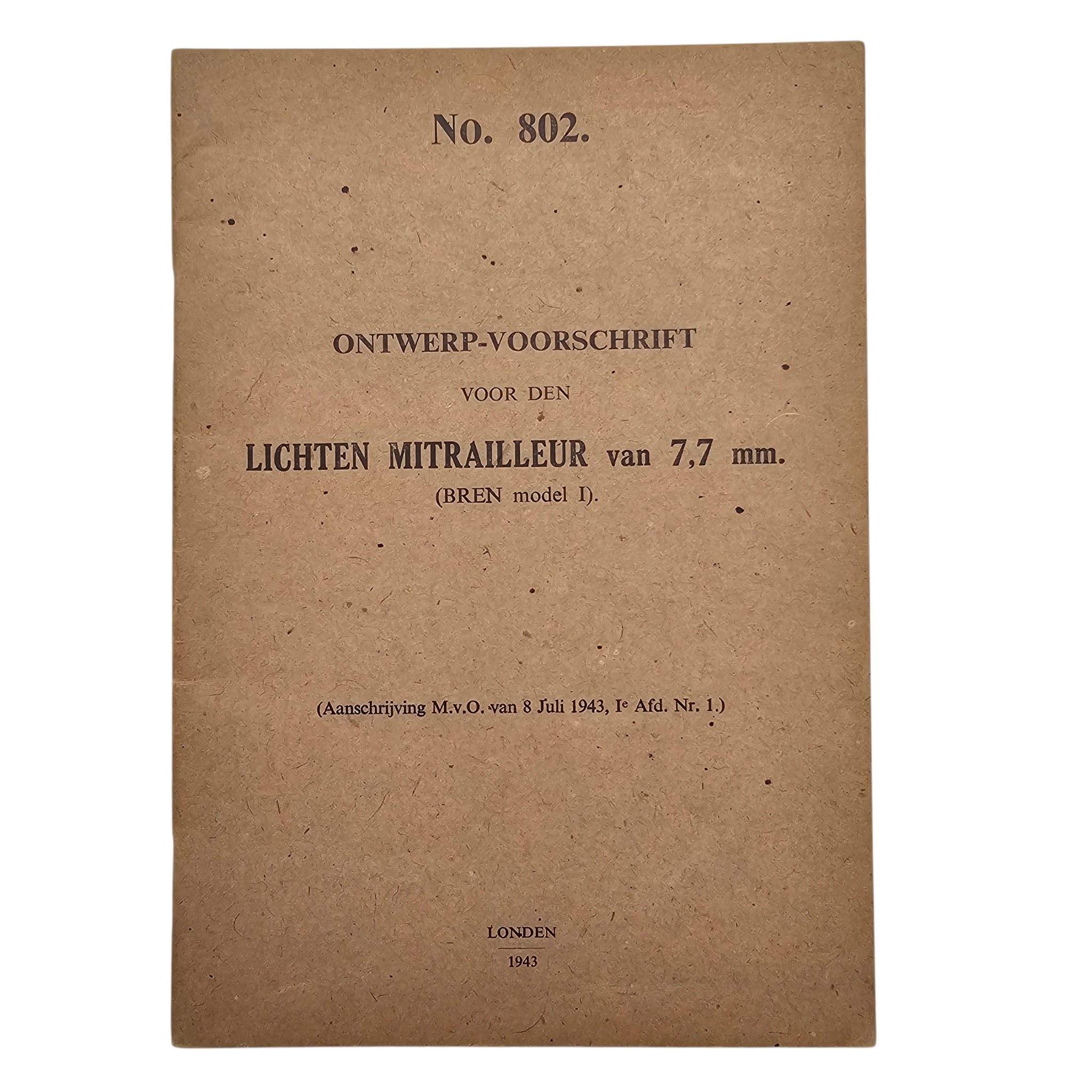 Origineel WWII Nederlands leger Bren model I 7,7 mm voorschrift No. 802 Londen 1943 met technische tekeningen en uitvouwbare doorsnedetekening.