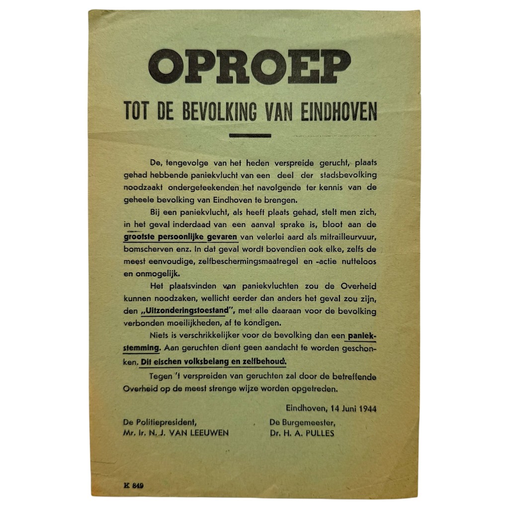 Originele WWII Nederlandse flyer Eindhoven 14 juni 1944 oproep bevolking paniekvlucht geruchten burgemeester H.A. Pulles Duitse bezetting.