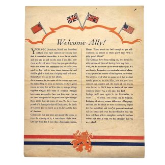 Original WWII Dutch 1945 liberation flyer 'Welcome Ally!' for American British Canadian and Polish Allied liberating forces.