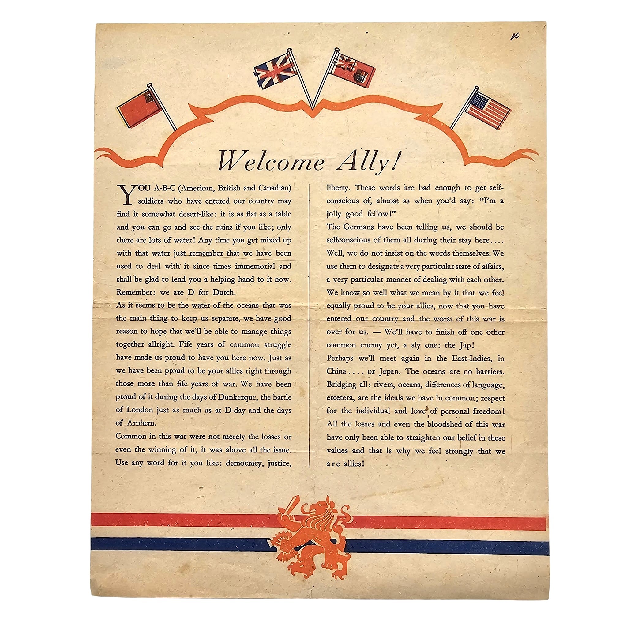 Original WWII Dutch 1945 liberation flyer 'Welcome Ally!' for American British Canadian and Polish Allied liberating forces.