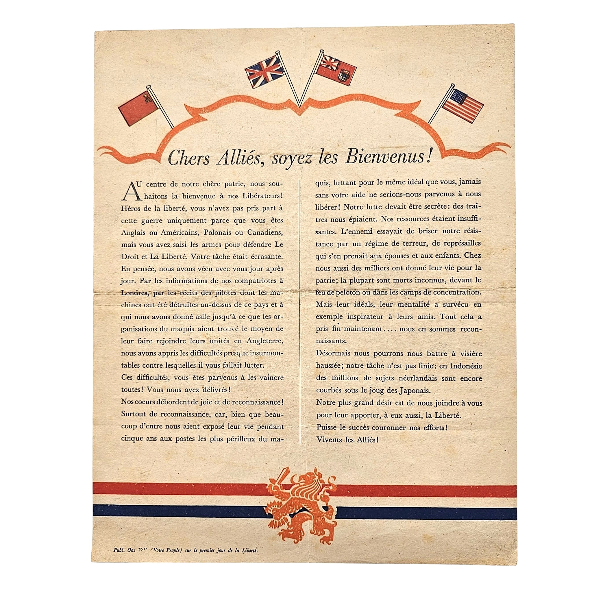 Original WWII Dutch Liberation Flyer 'Welcome Ally!' / 'Chers Alliés, soyez les Bienvenus!' 1945