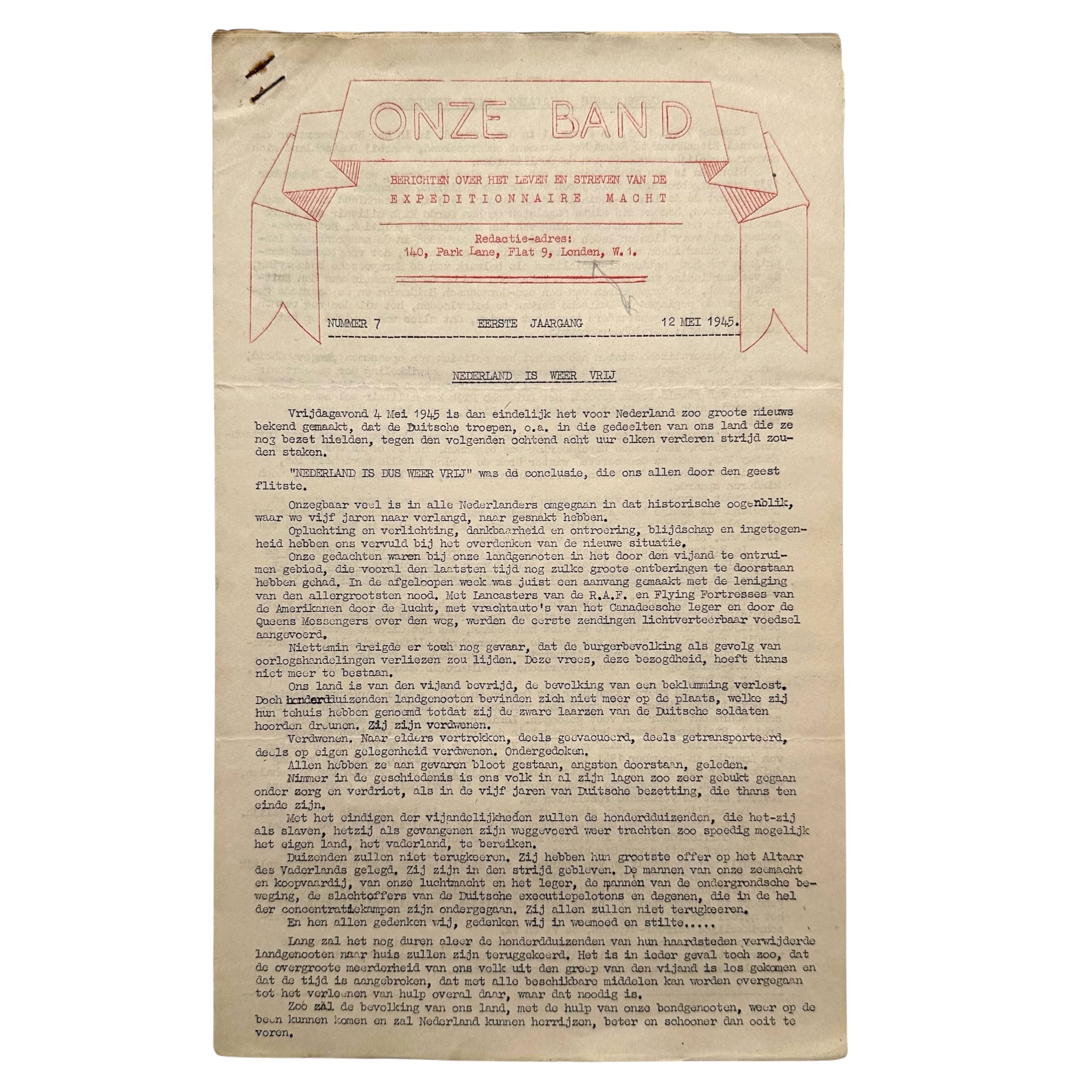 Origineel WWII Nederlands 'Onze Band' nr. 7 van 12 mei 1945, Expeditionnaire Macht Londen, bevrijding Nederland en Duitse capitulatie Wageningen.