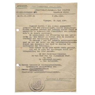 Originele WWII Nederlandse politiebrief Nijmegen 1944 over propaganda strooibiljetten, luchtbescherming en Duitse autoriteiten