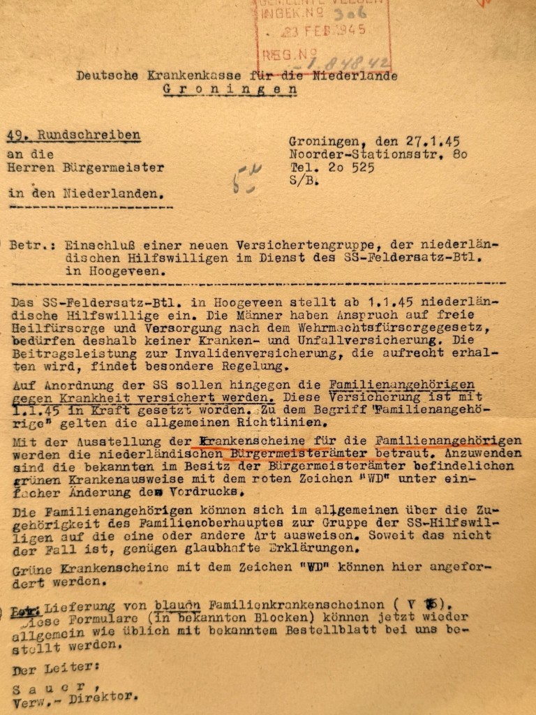Original WWII Dutch Waffen-SS SS-Feldersatz-Btl. Hoogeveen Document Groningen 1945